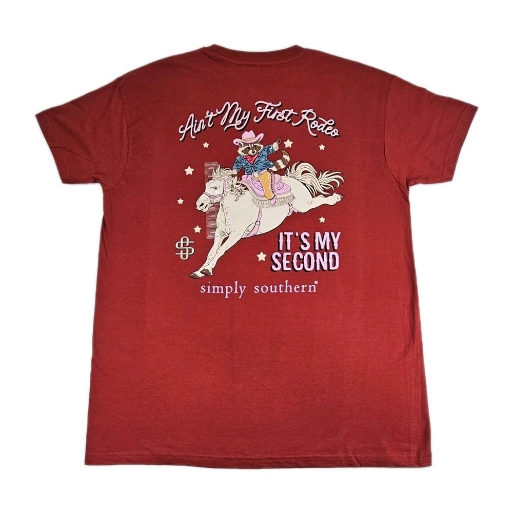 New Simply Southern Large Red Aint My First Rodeo Short sleeve‎ Raccoon Cowgirl